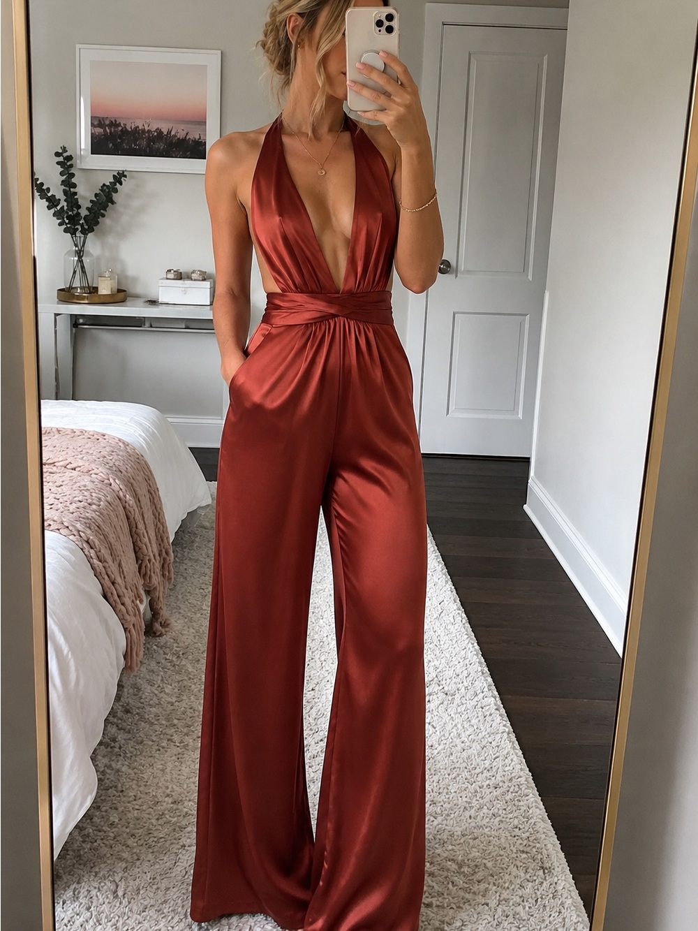 LPA Rust Satin Plunging Halter Wide-Leg Jumpsuit